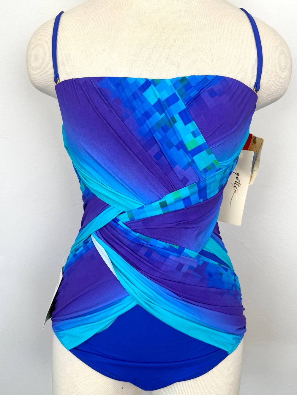 Gottex Size 8 Contour One Piece Blue Multi Wrap Swimsuit NWT